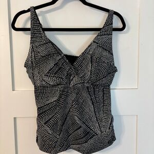 Captiva Womens XL 44D Tankini Top Black White Geometric Grid V-Neck Ruched